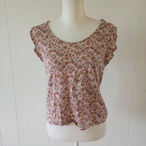 Rachel Zoe Linen Shirt Crop Top Small Floral Brown Orange Ruffle Short Sleeve